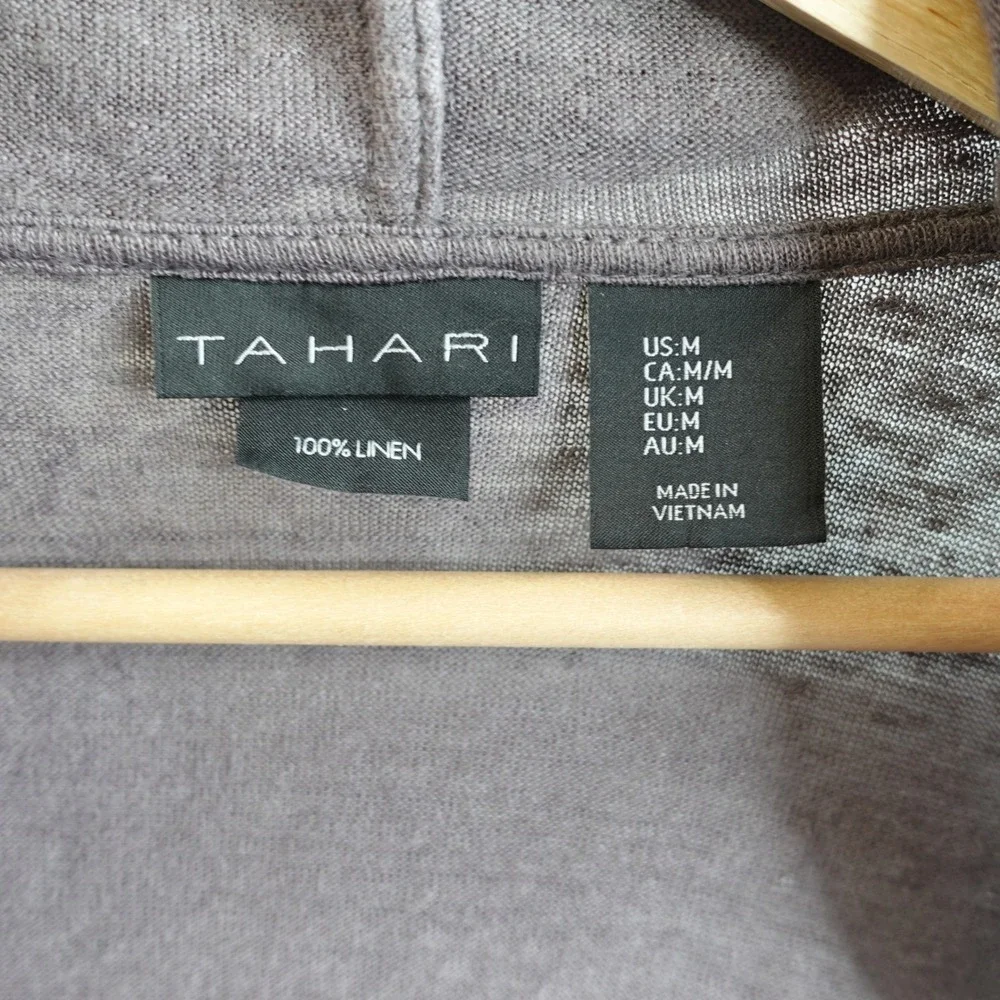 Tahari 100% Linen Open Front Hooded Cardigan Womens M Gray Beachy Light Cover Up